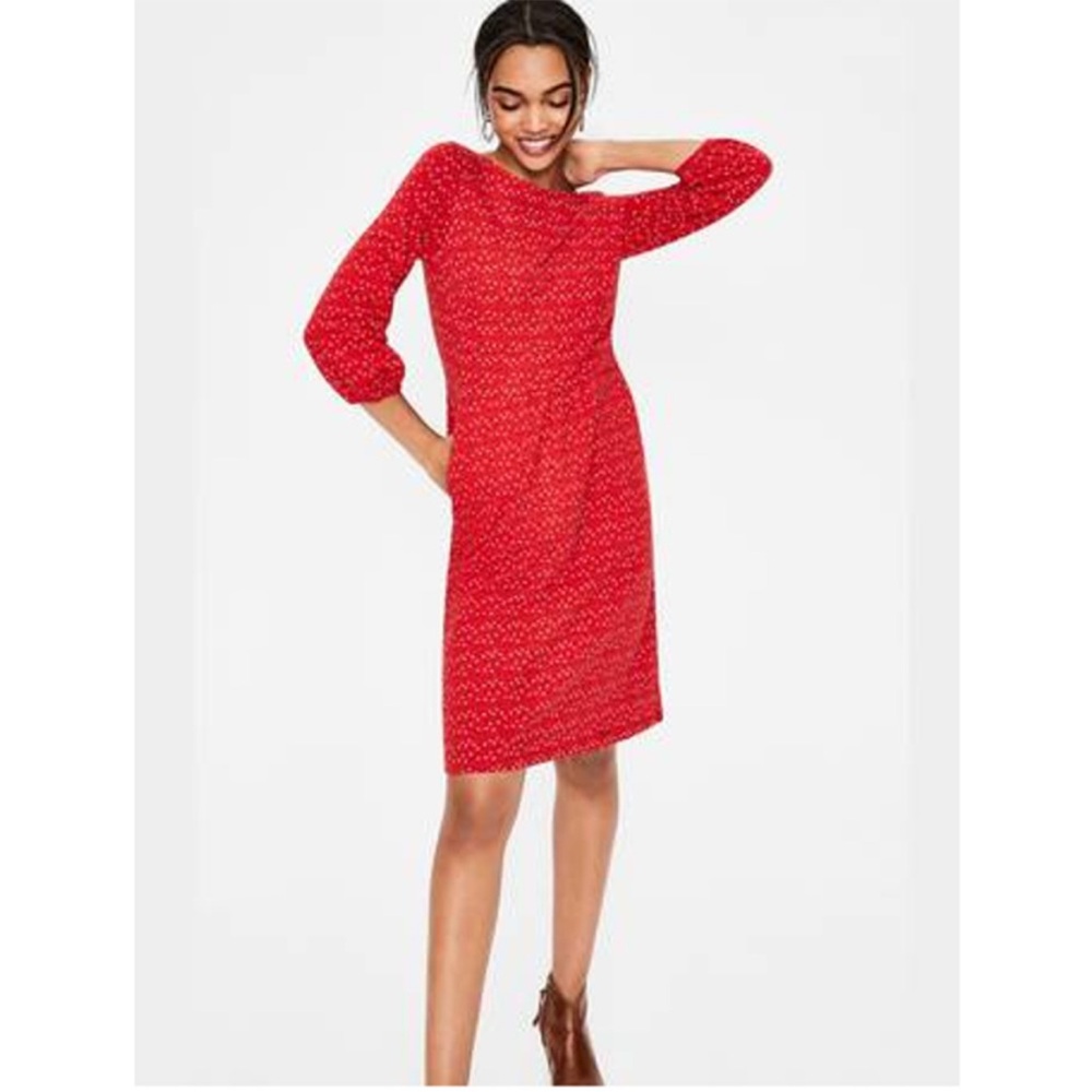 Boden Odelia Red Star Print Balloon Sleeve Jersey Pockets Dress US 12L Americana